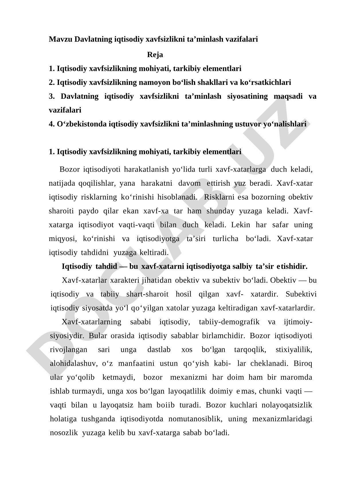Mavzu Davlatning iqtisodiy xavfsizlikni ta’minlash vazifalari Reja 1
