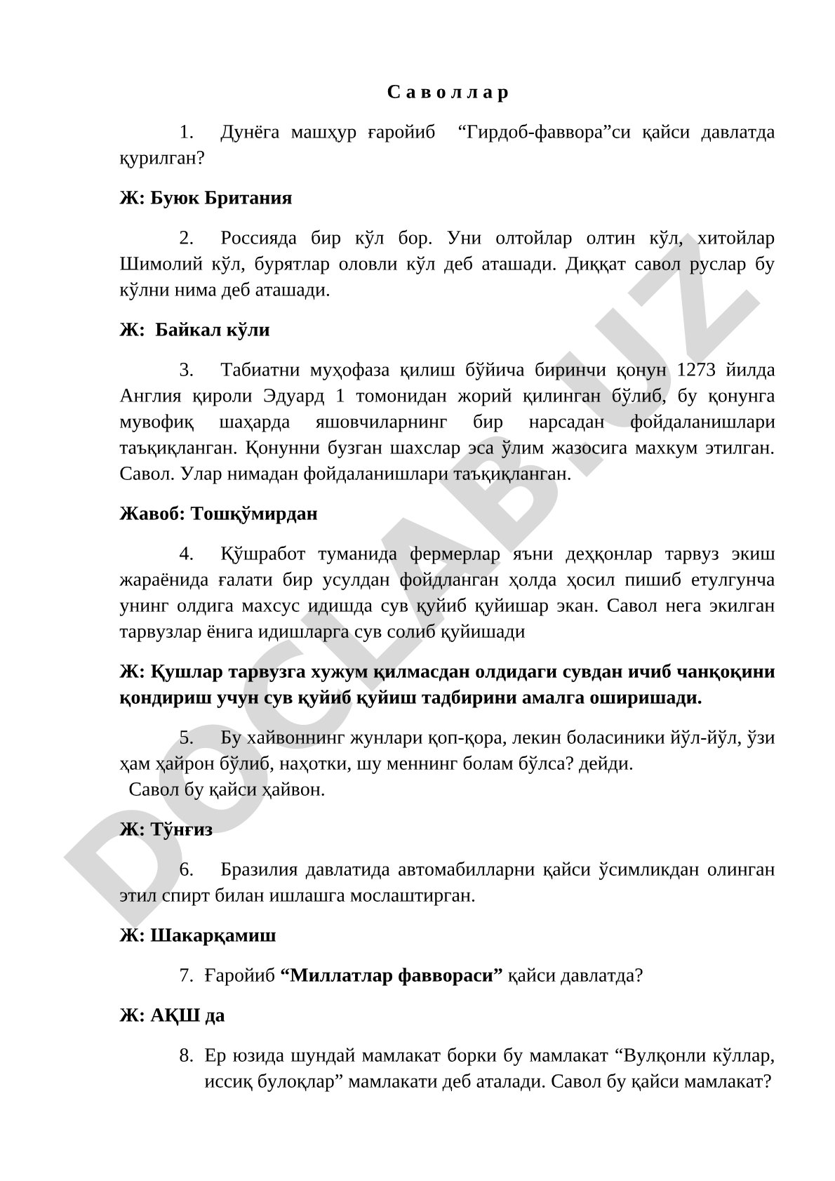 Tabiat, geografiya va tarixga oid savol-javoblar