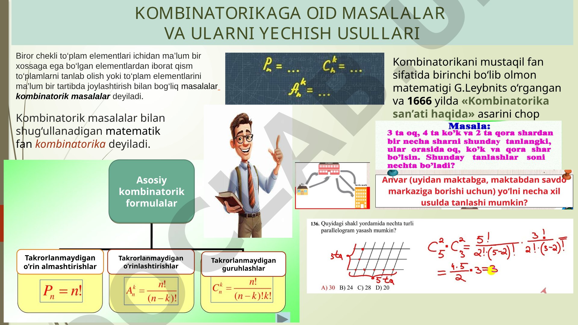 Kombinatorikaga oid masalalar va ularni yechish usullari