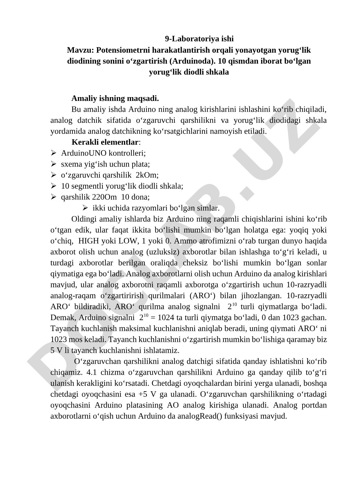 Potensiometrni harakatlantirish orqali yonayotgan yorug‘lik diodining sonini o‘zgartirish (Arduinoda)