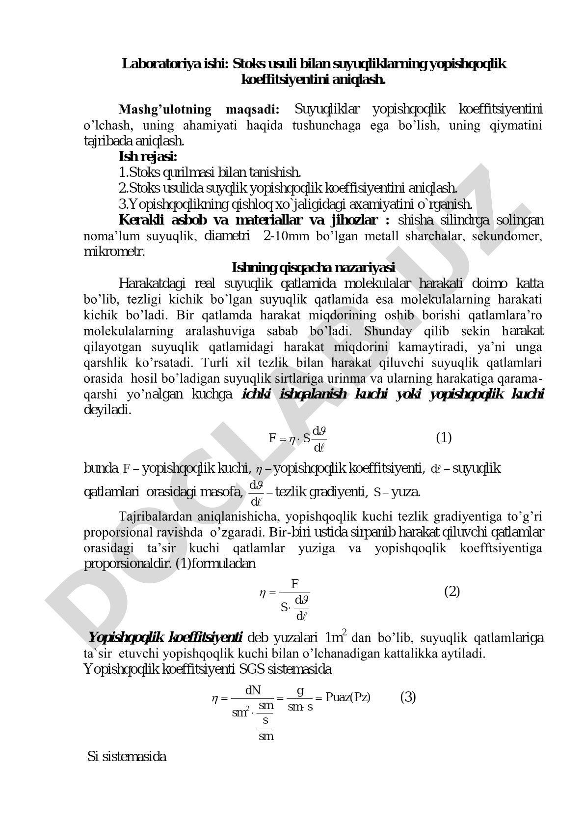 Laboratoriya ishi: Stoks usuli bilan suyuqliklarning yopishqoqlik koeffitsiyentini aniqlash