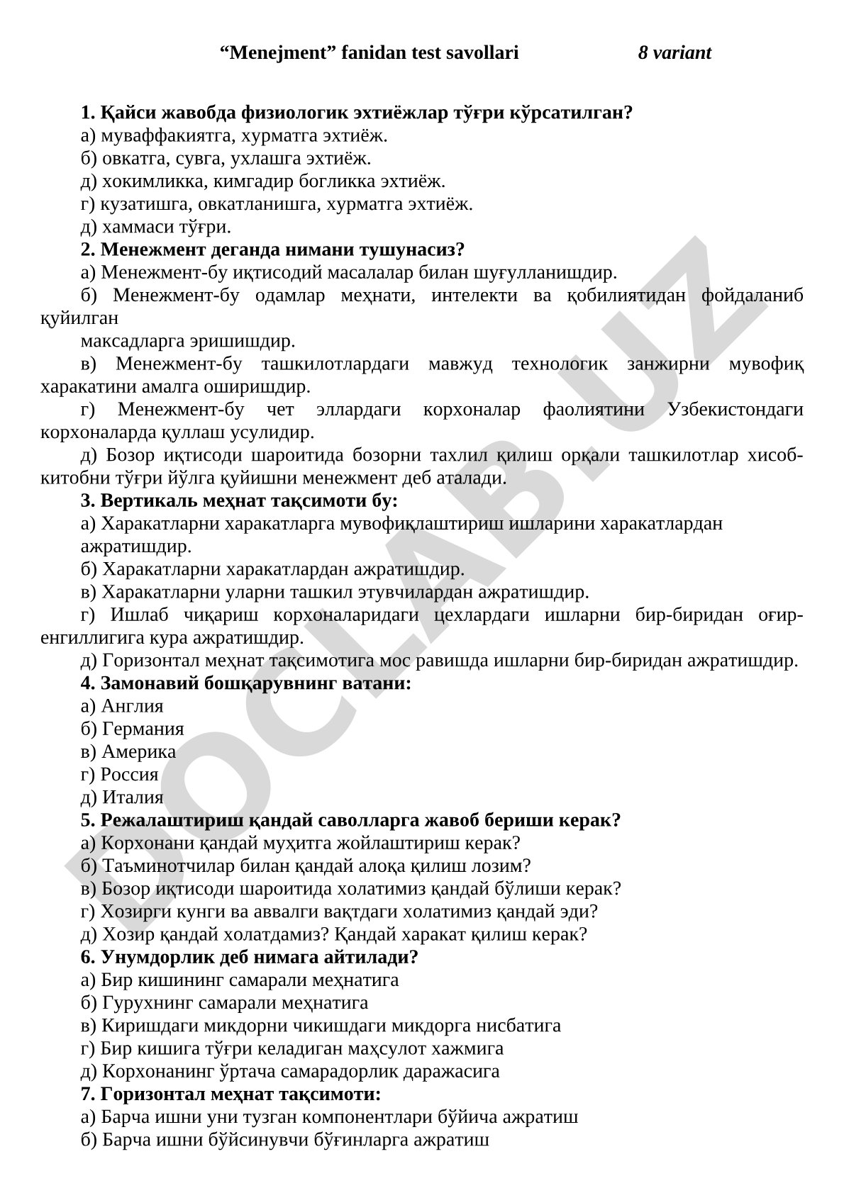 Menejment fanidan test savollari 8 variant
