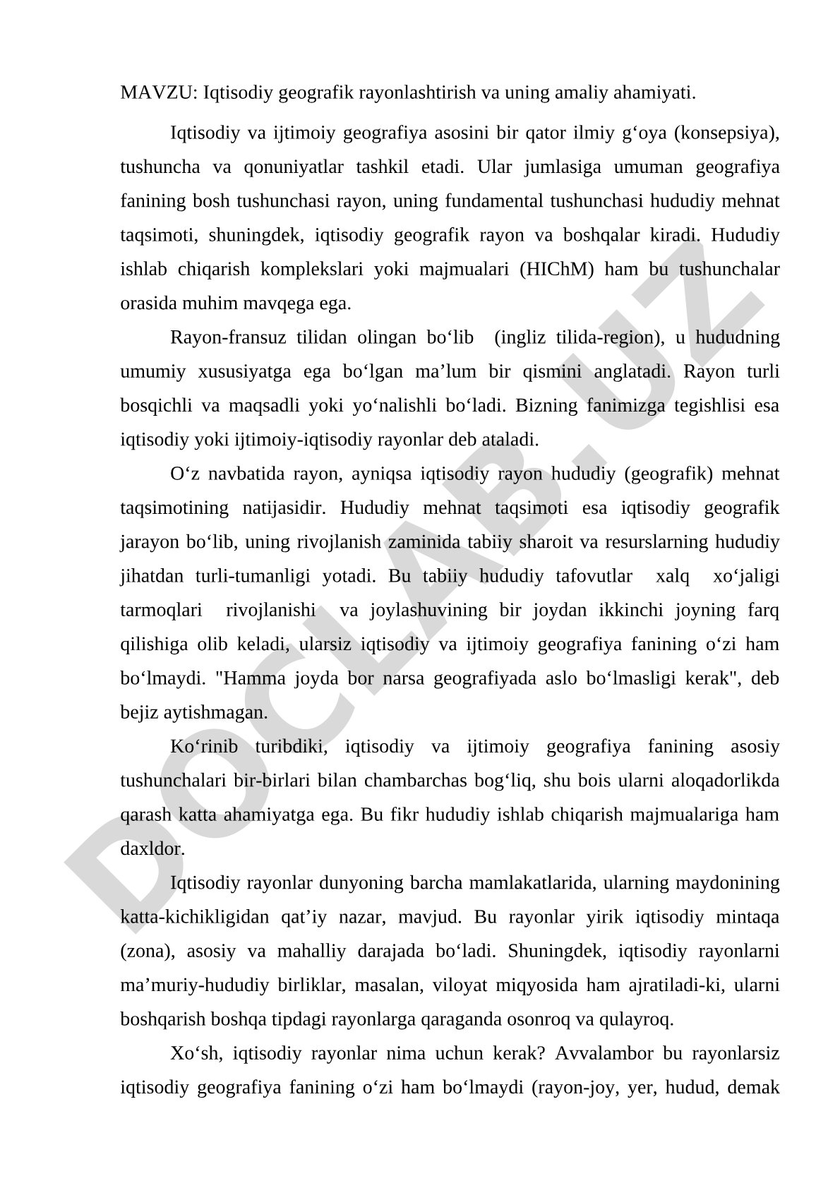 Iqtisodiy geografik rayonlashtirish va uning amaliy ahamiyati