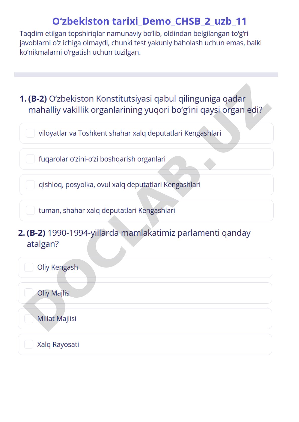 O‘zbekiston tarixi demo testi