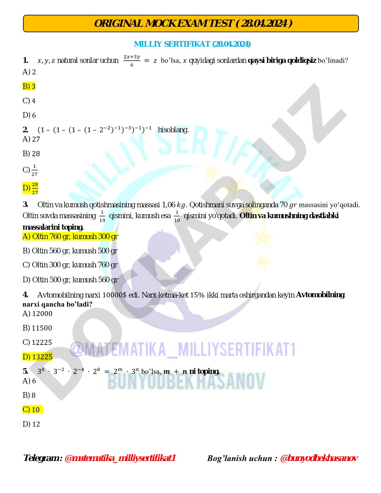 Milliy sertifikat matematika testi (28.04.2024)