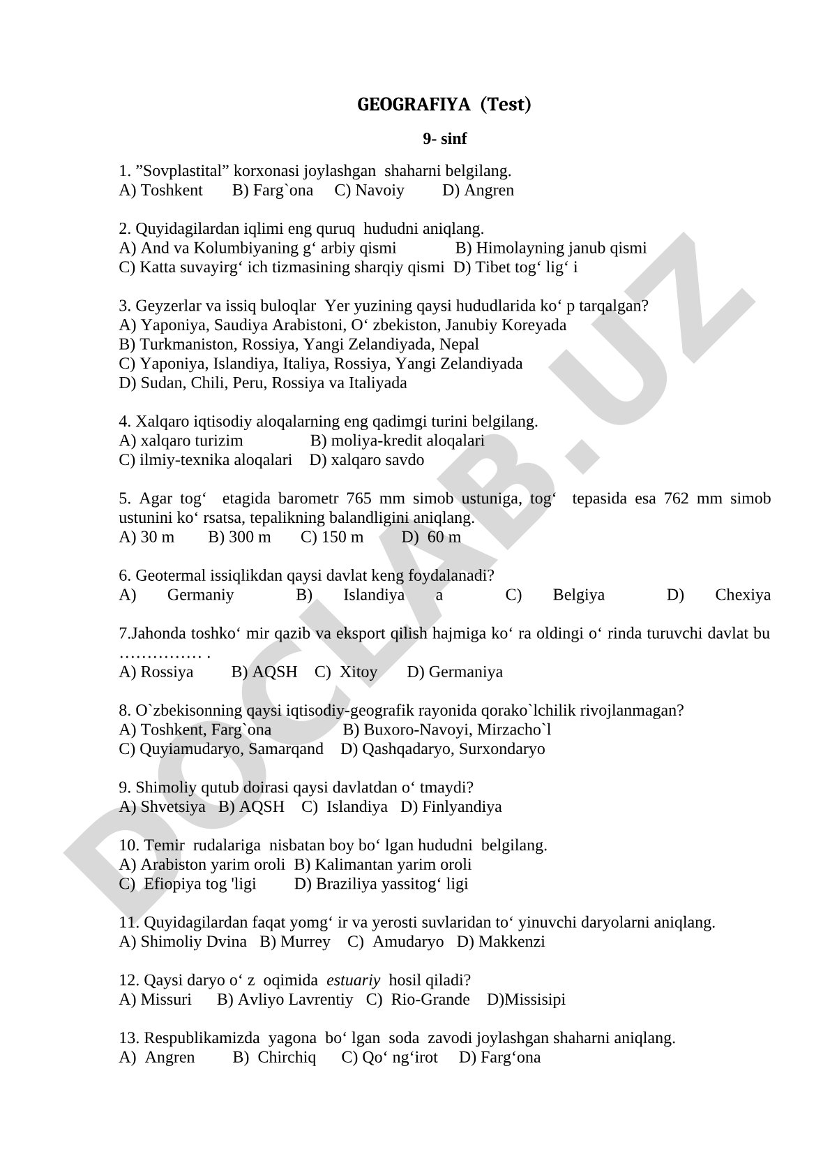 Geografiya 9-sinf test