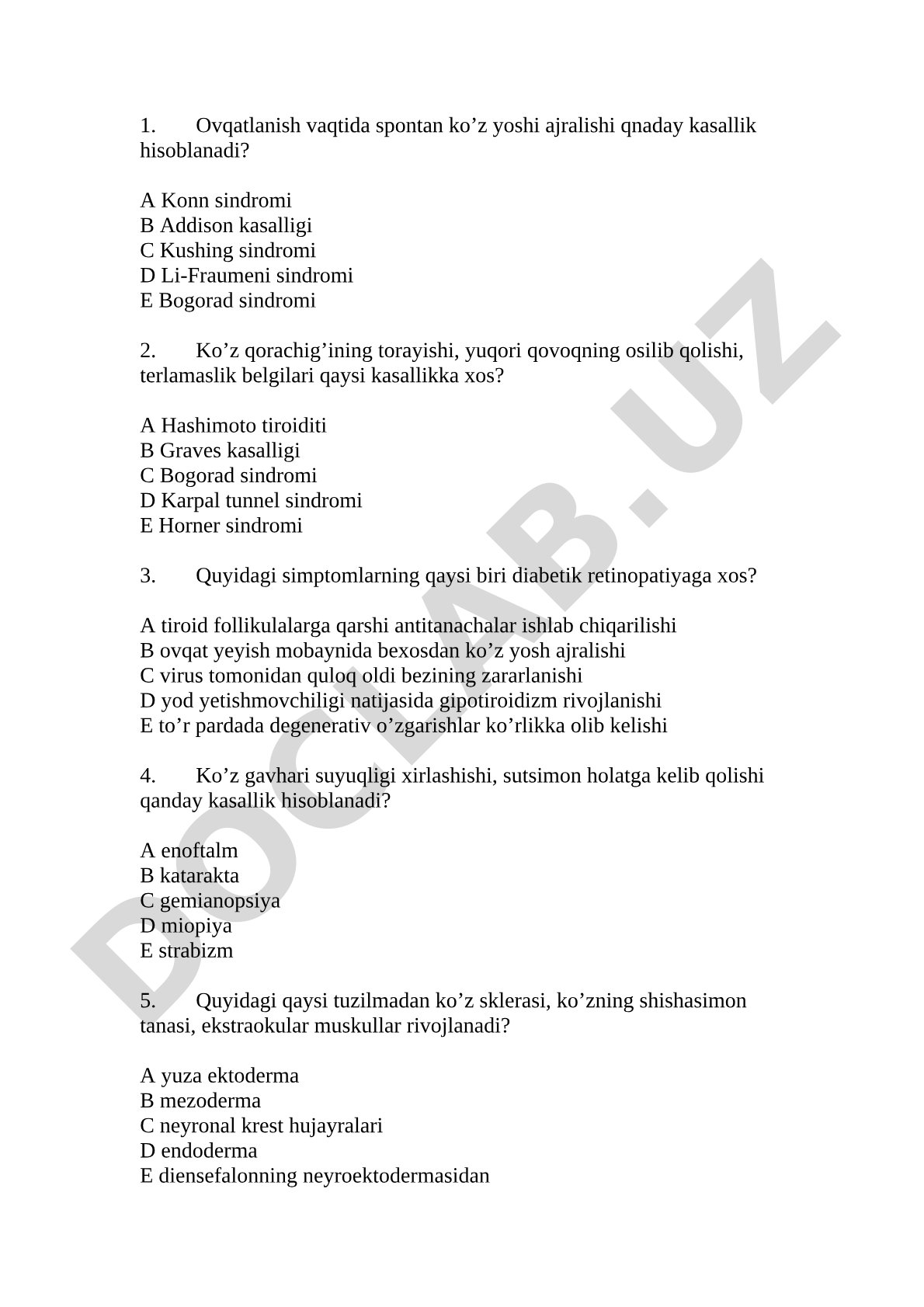 Oftalmologiya fanidan test savollari