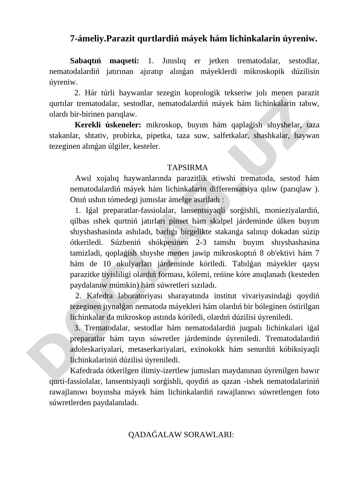 Parazit qurtlardıń máyek hám lichinkaların úyreniw