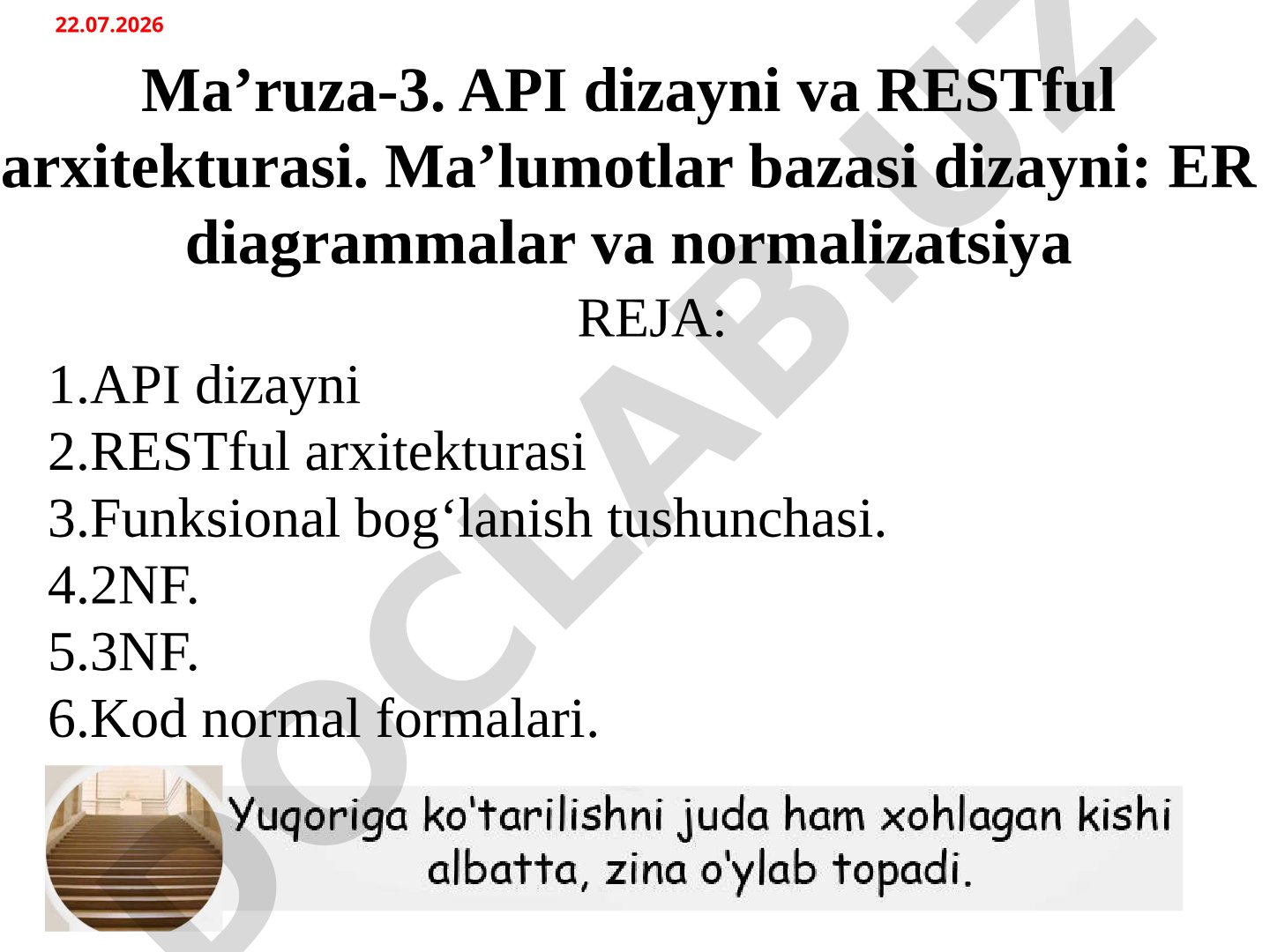 API dizayni RESTful arxitekturasi va ma'lumotlar bazasi normalizatsiyasi