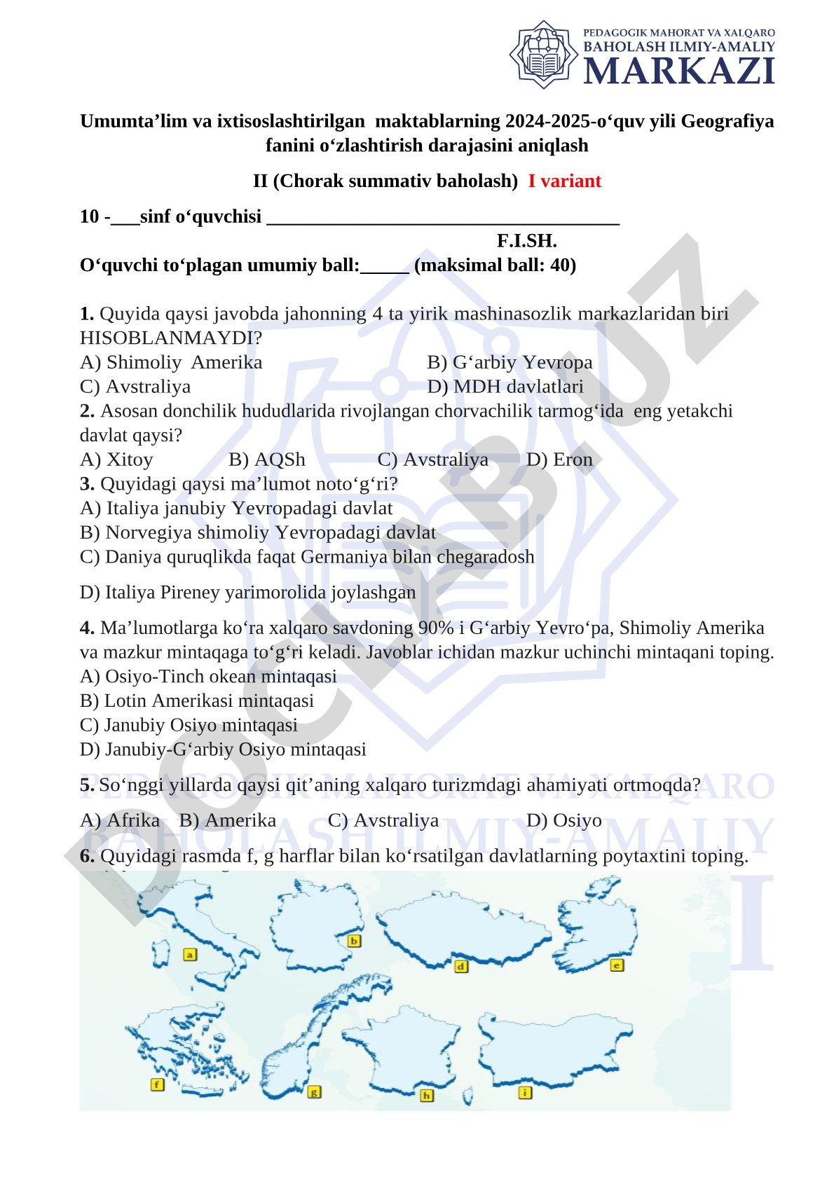 Geografiya fanidan 10-sinf chorak summativ baholash I variant