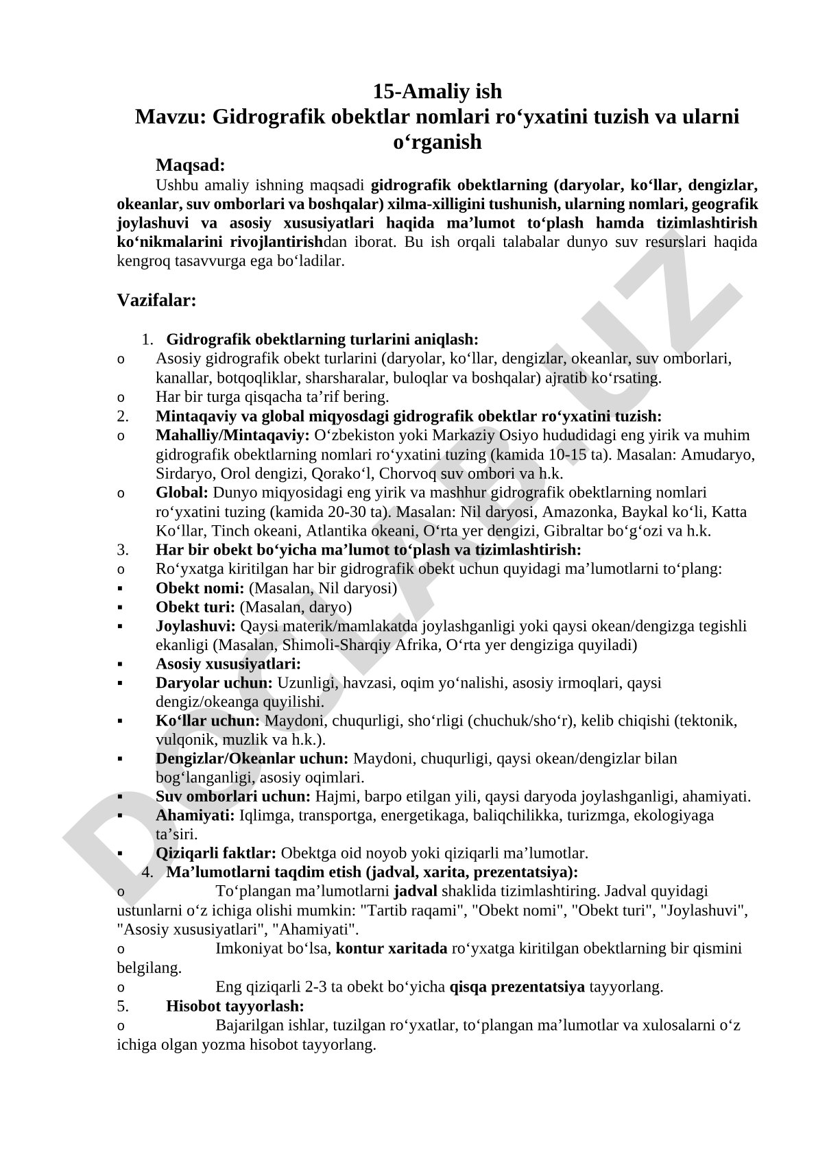 Gidrografik obektlar nomlari ro'yxatini tuzish va ularni o'rganish