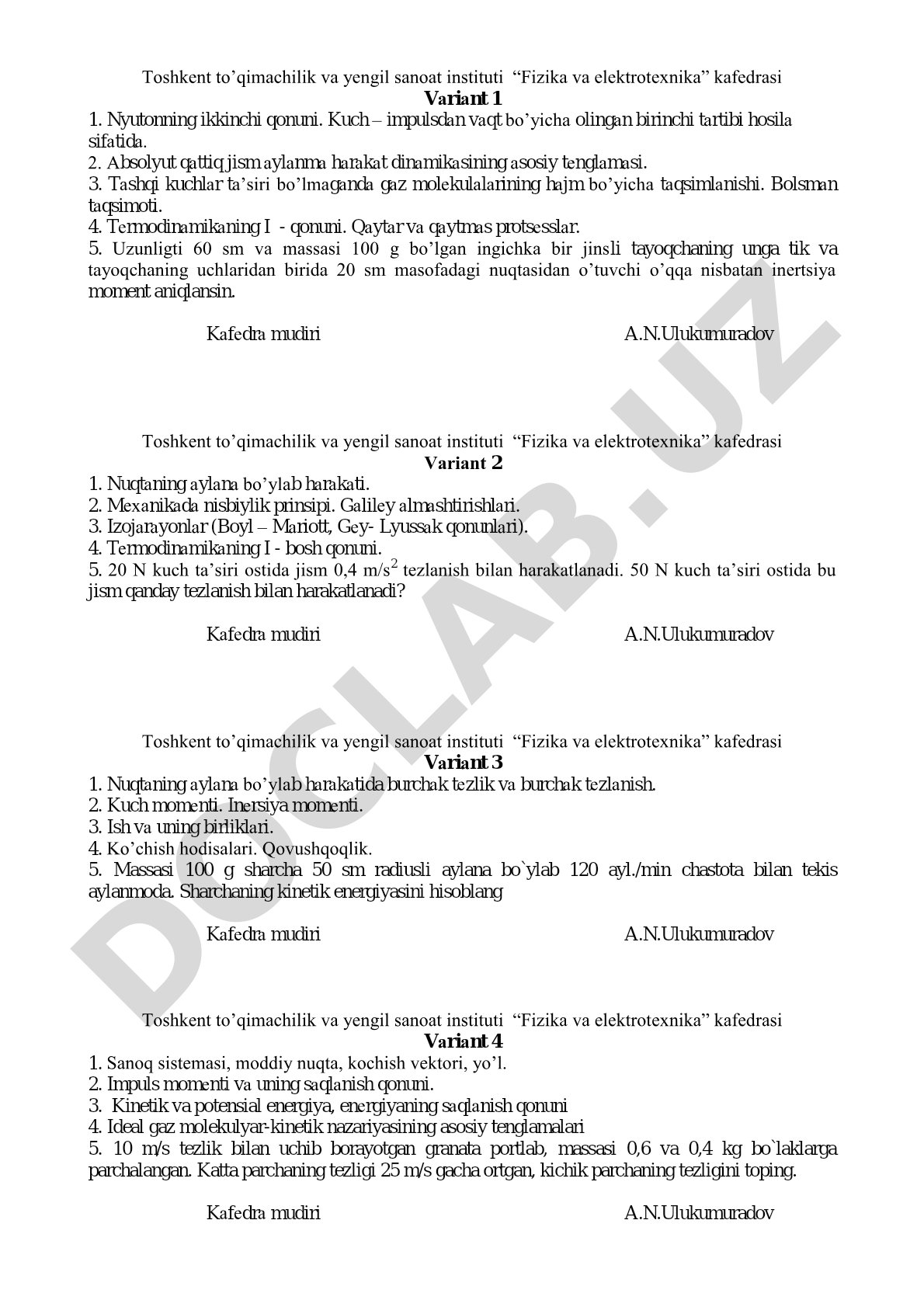 Fizika fanidan imtihon savollari va masalalari
