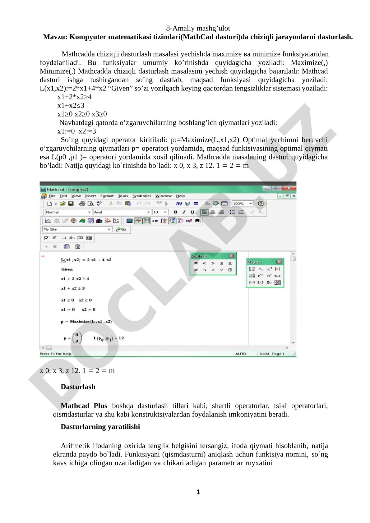 Kompyuter matematikasi tizimlari(MathCad dasturi)da chiziqli jarayonlarni dasturlash