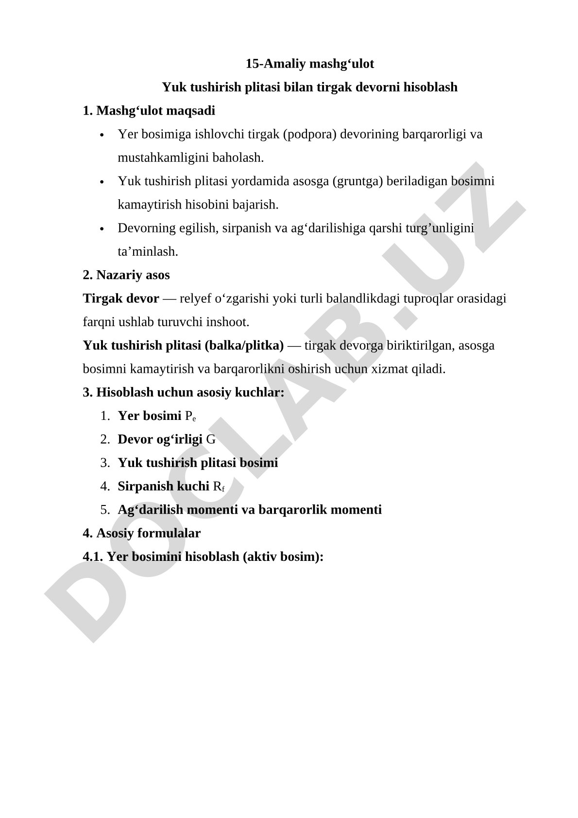Yuk tushirish plitasi bilan tirgak devorni hisoblash