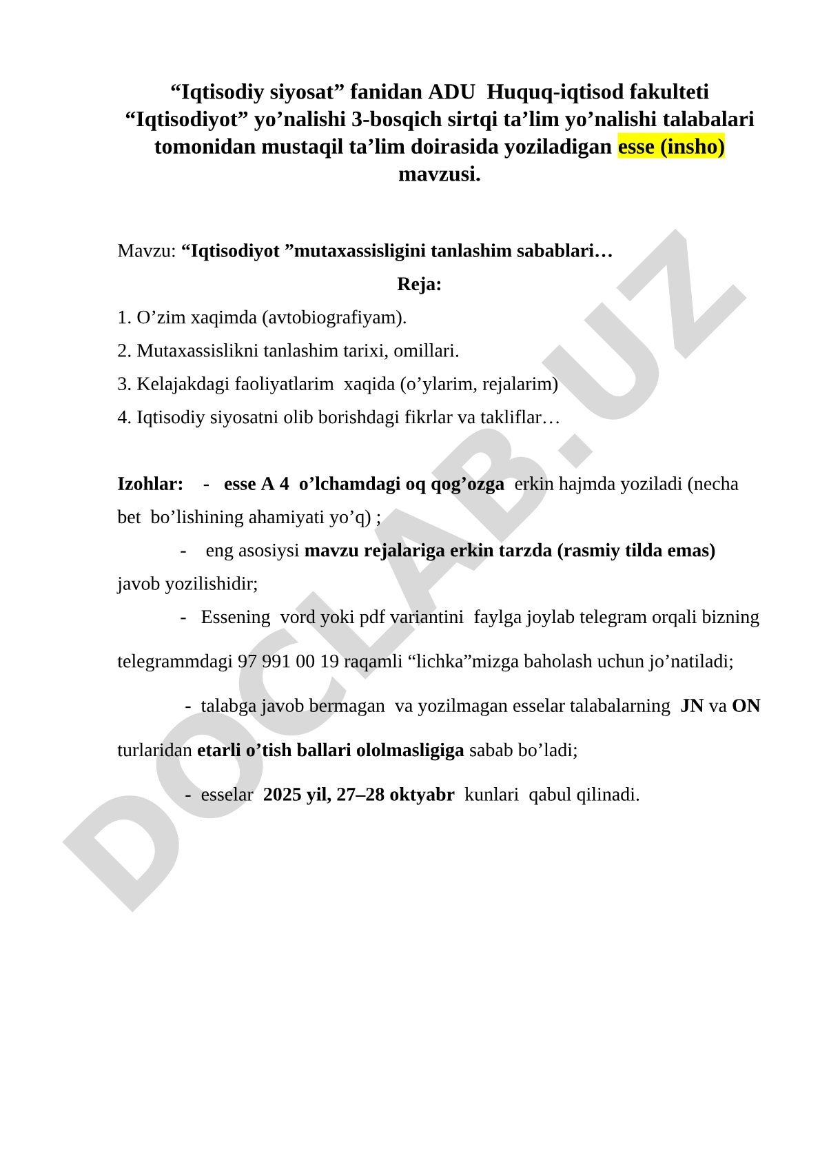 Iqtisodiyot mutaxassisligini tanlashim sabablari