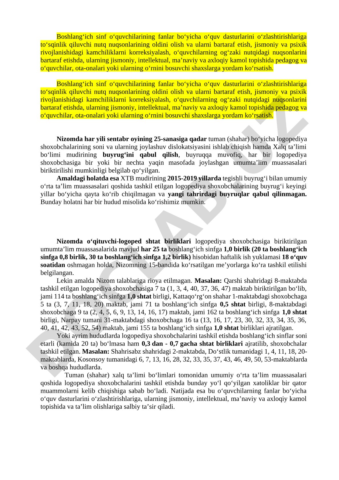 Boshlang'ich sinf o'quvchilarida nutq nuqsonlarini bartaraf etish bo'yicha logopediya shoxobchalari nizomi
