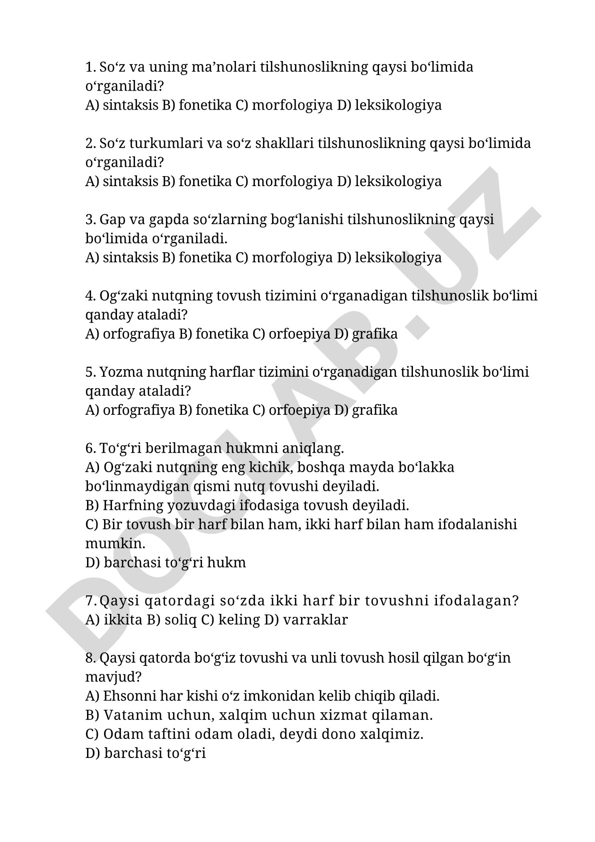 Tilshunoslik bo‘limlari haqida test savollari