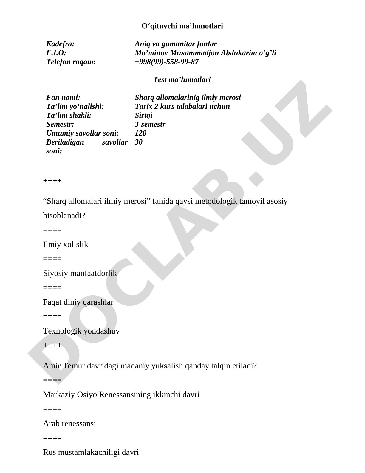Sharq allomalari ilmiy merosi fanidan test savollari