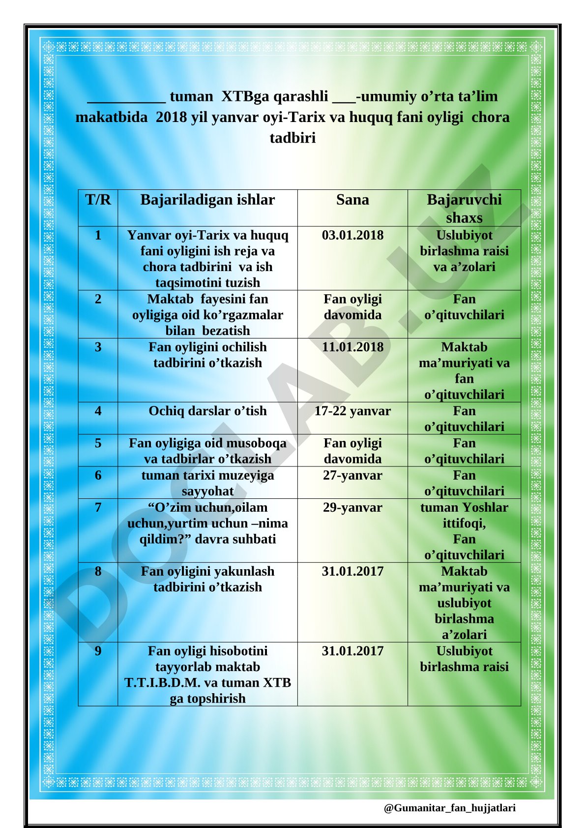 Tarix va huquq fani oyligi chora-tadbirlar rejasi