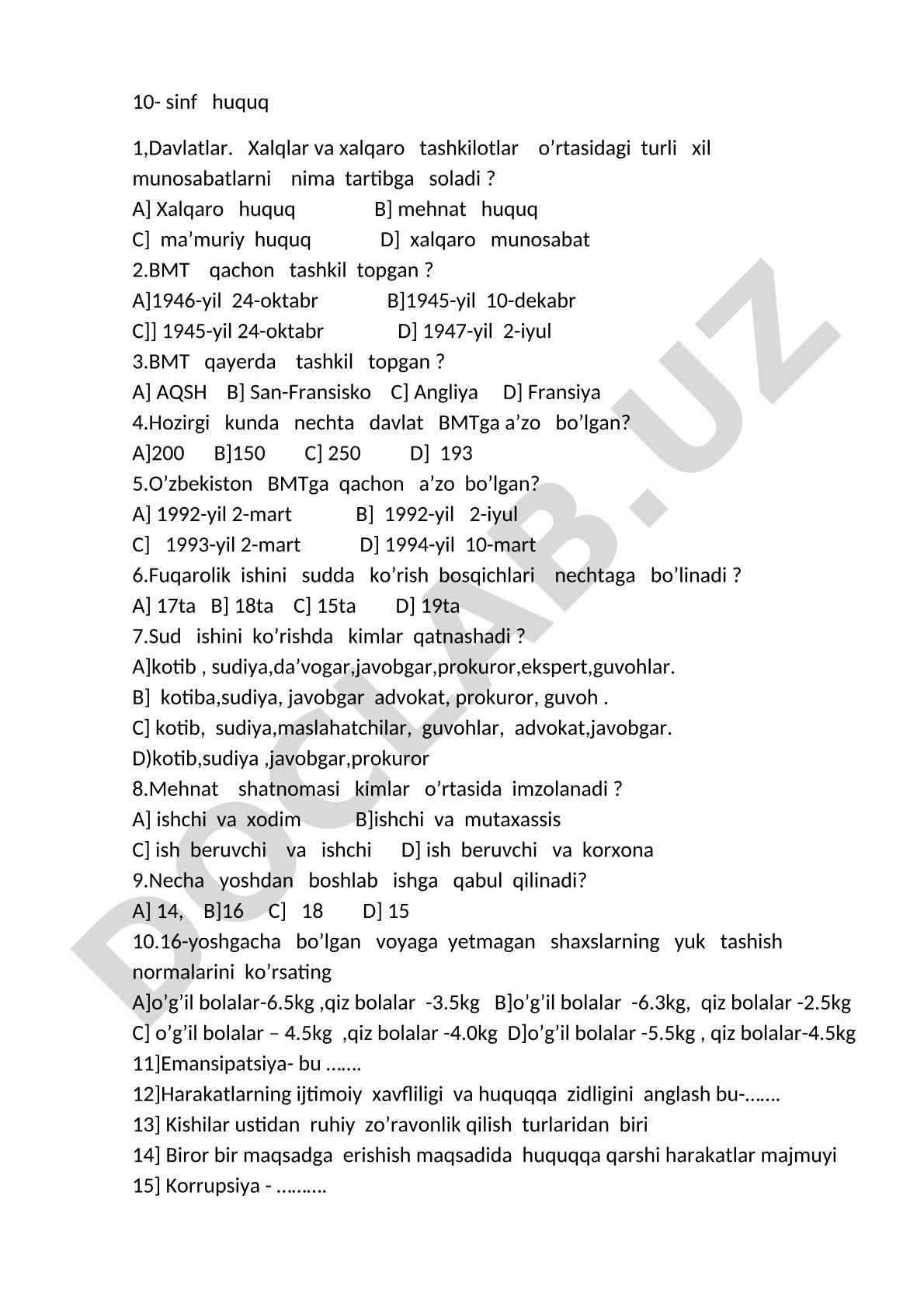 10-sinf huquq fanidan test savollari