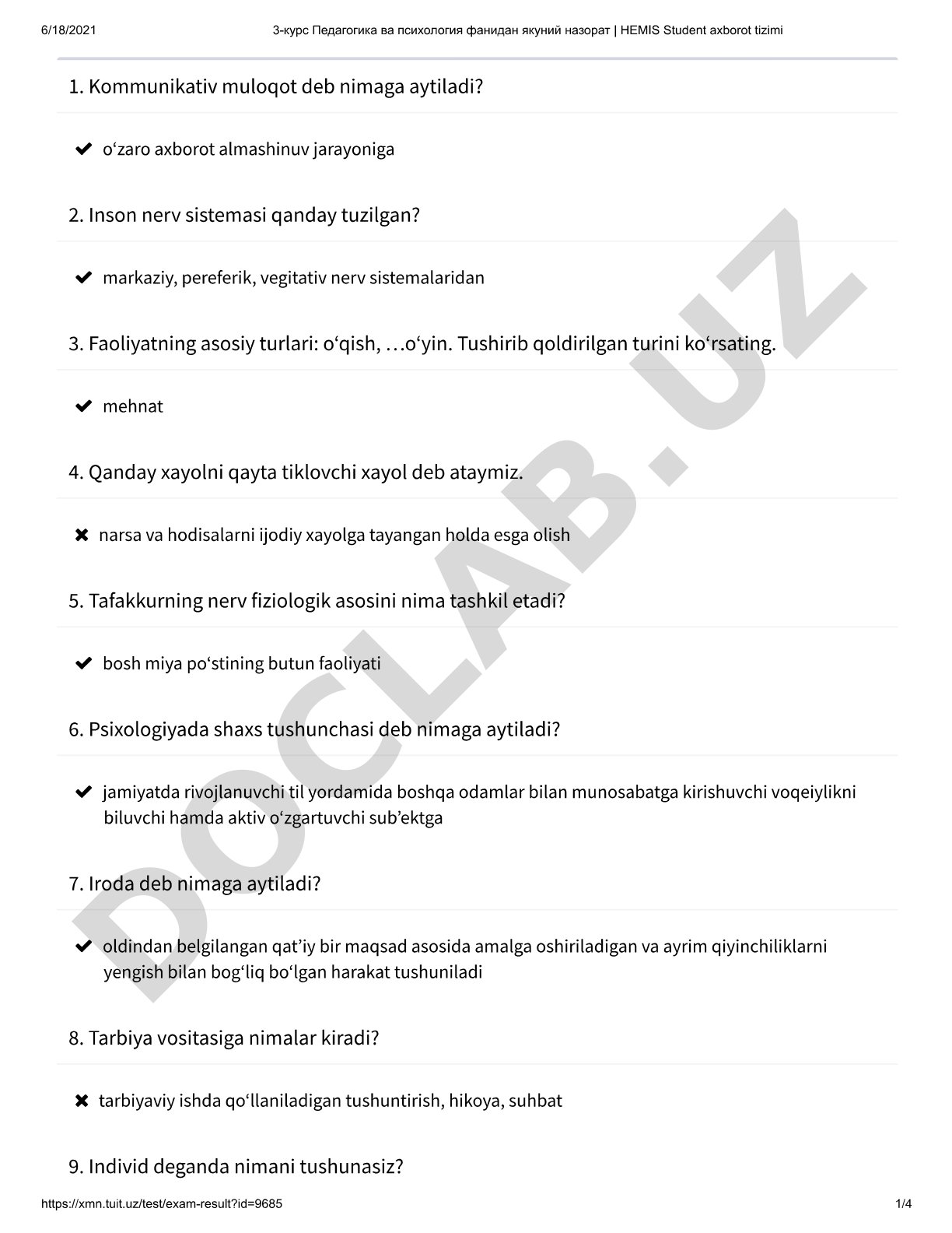 Kommunikativ muloqot va psixologiya fanidan test savollari