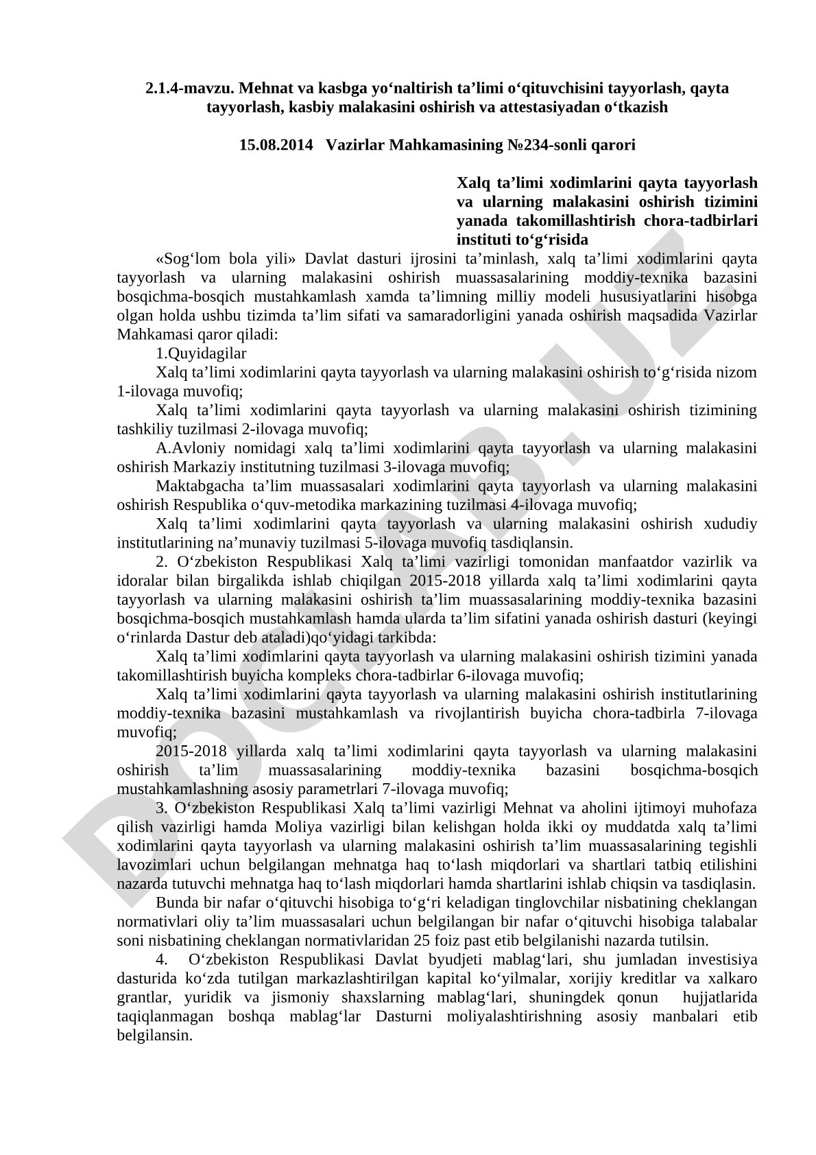 Mehnat va kasbga yo‘naltirish ta’limi o‘qituvchisini tayyorlash, qayta tayyorlash, kasbiy malakasini oshirish va attestasiyadan o‘tkazish