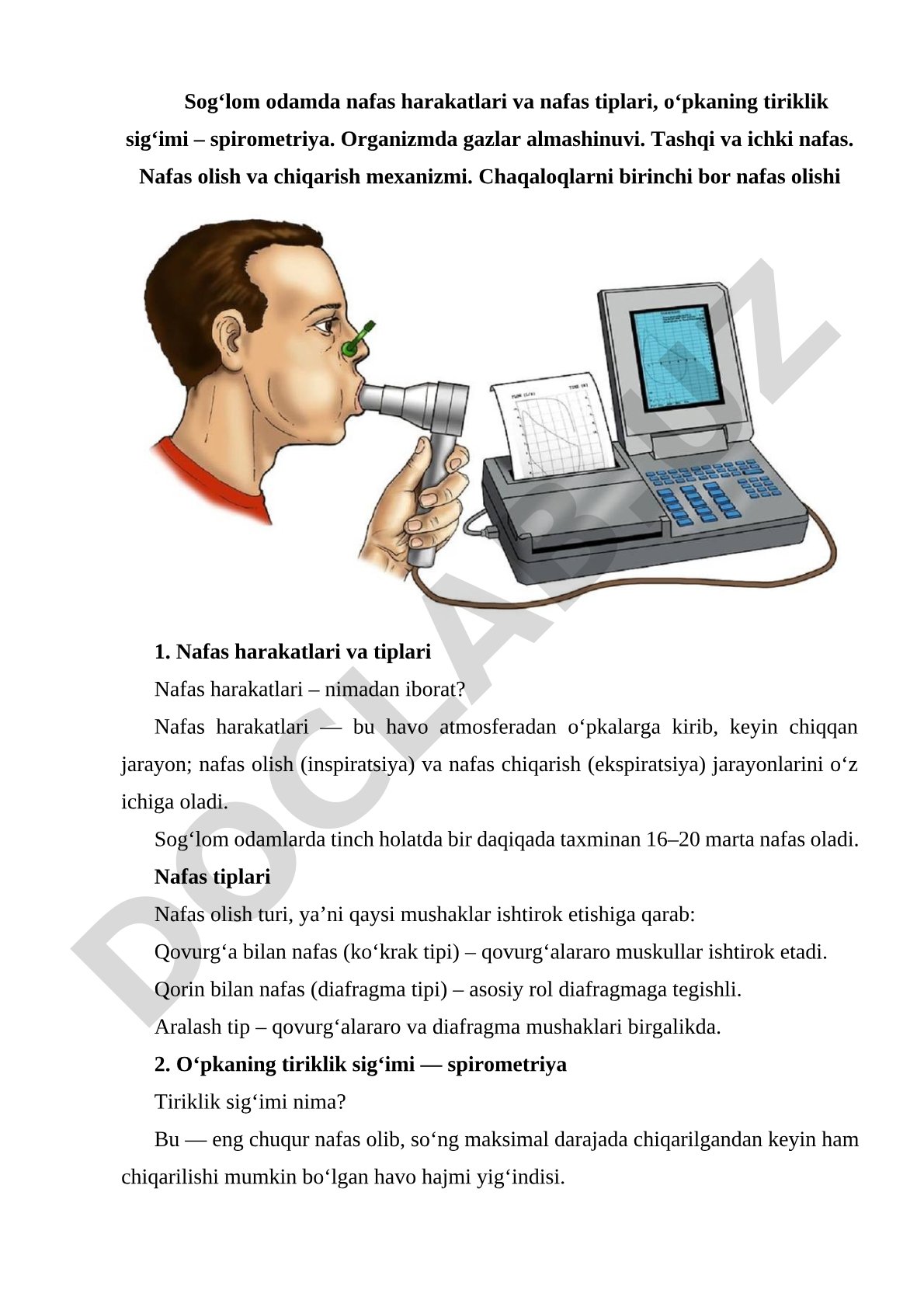 Sog‘lom odamda nafas harakatlari va nafas tiplari, o‘pkaning tiriklik sig‘imi