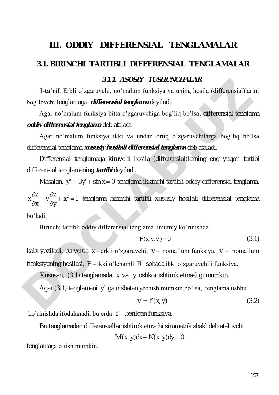 Birinchi tartibli oddiy differensial tenglamalar