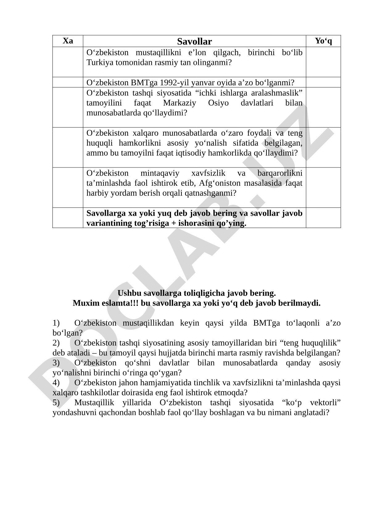O'zbekiston mustaqillik va tashqi siyosati haqida savol-javoblar