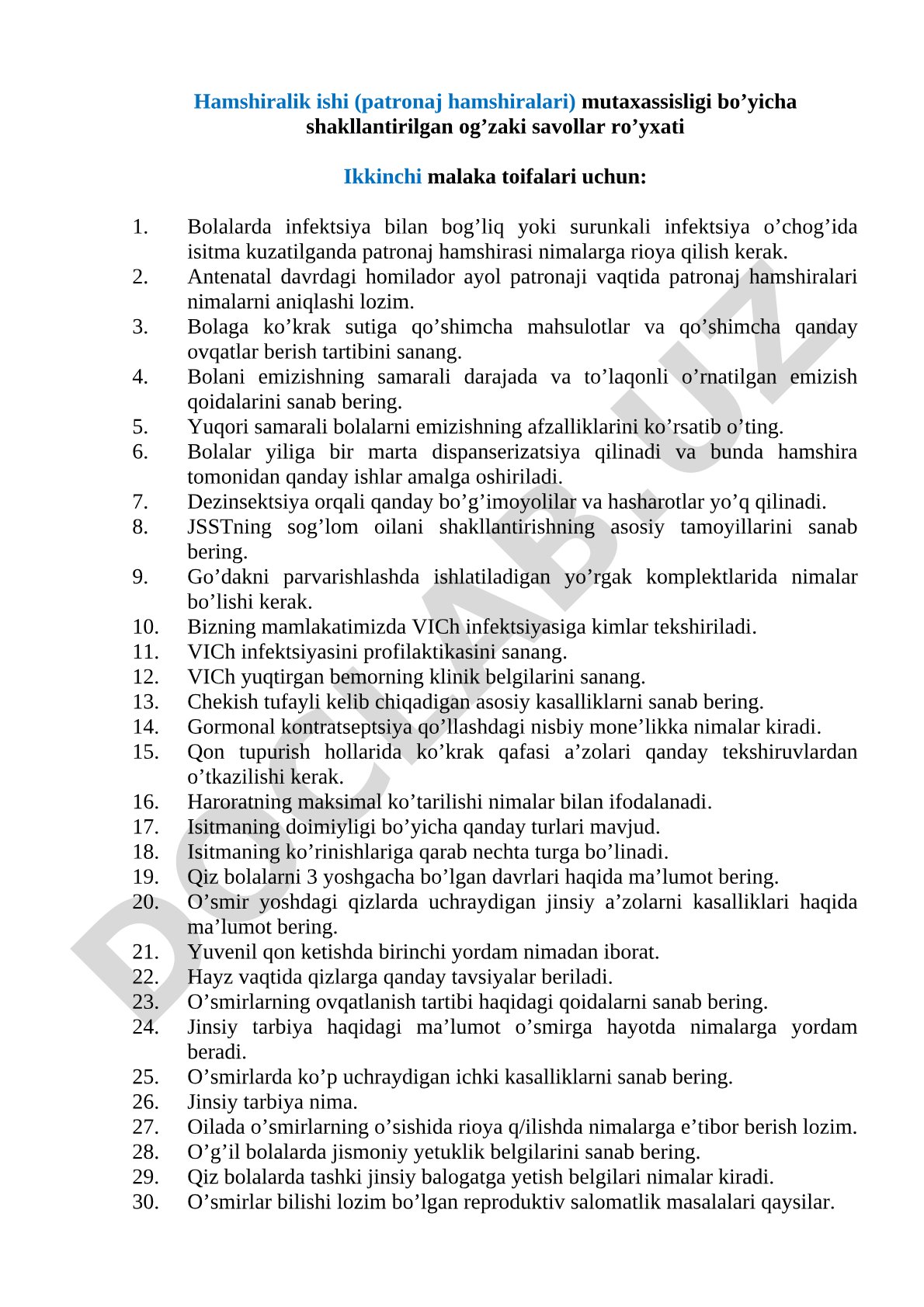 Hamshiralik ishi (patronaj hamshiralari) mutaxassisligi bo'yicha og'zaki savollar ro'yxati