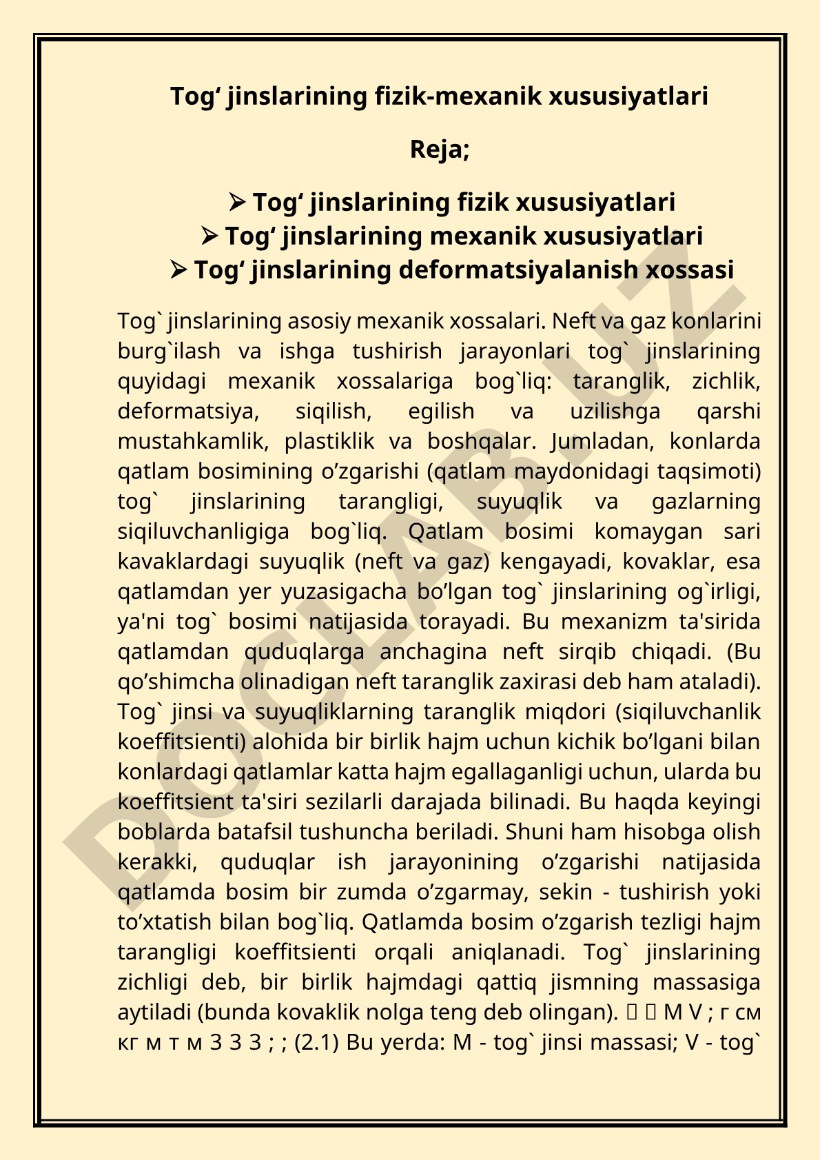 Tog‘ jinslarining fizik-mekanik xususiyatlari