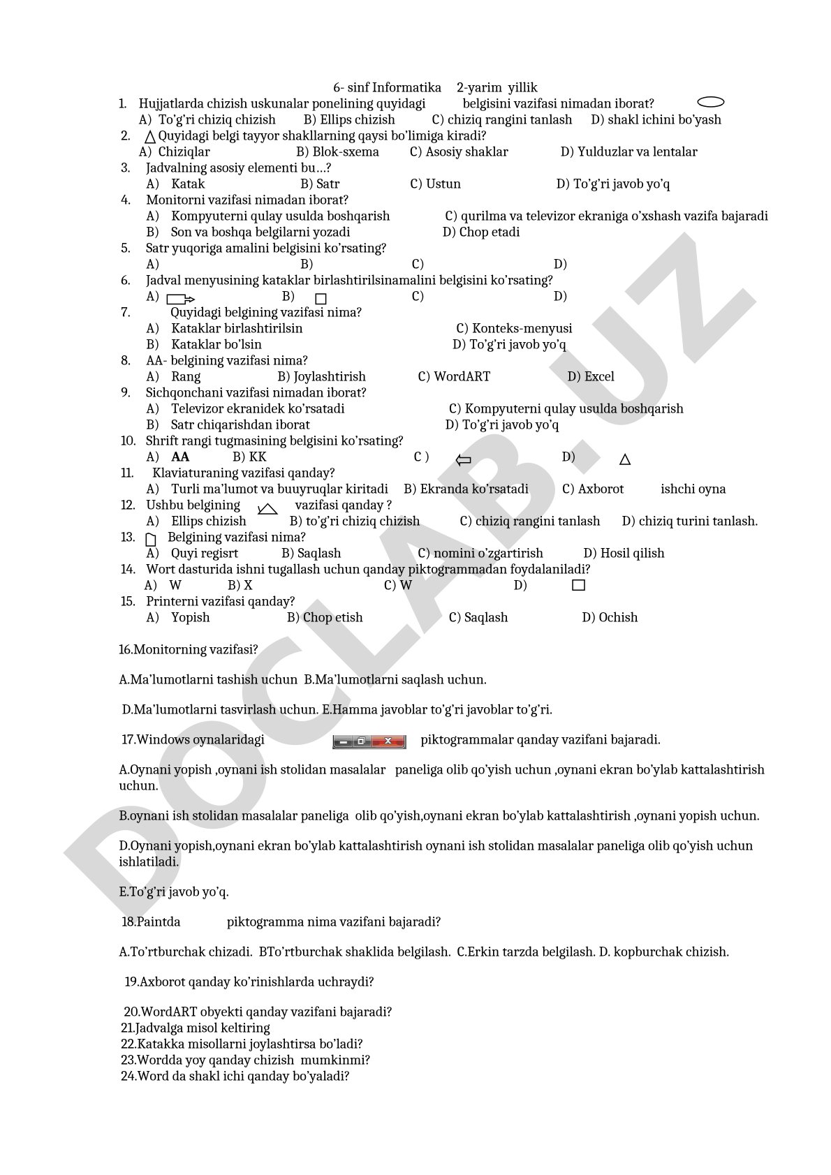 6-sinf Informatika 2-yarim yillik test savollari