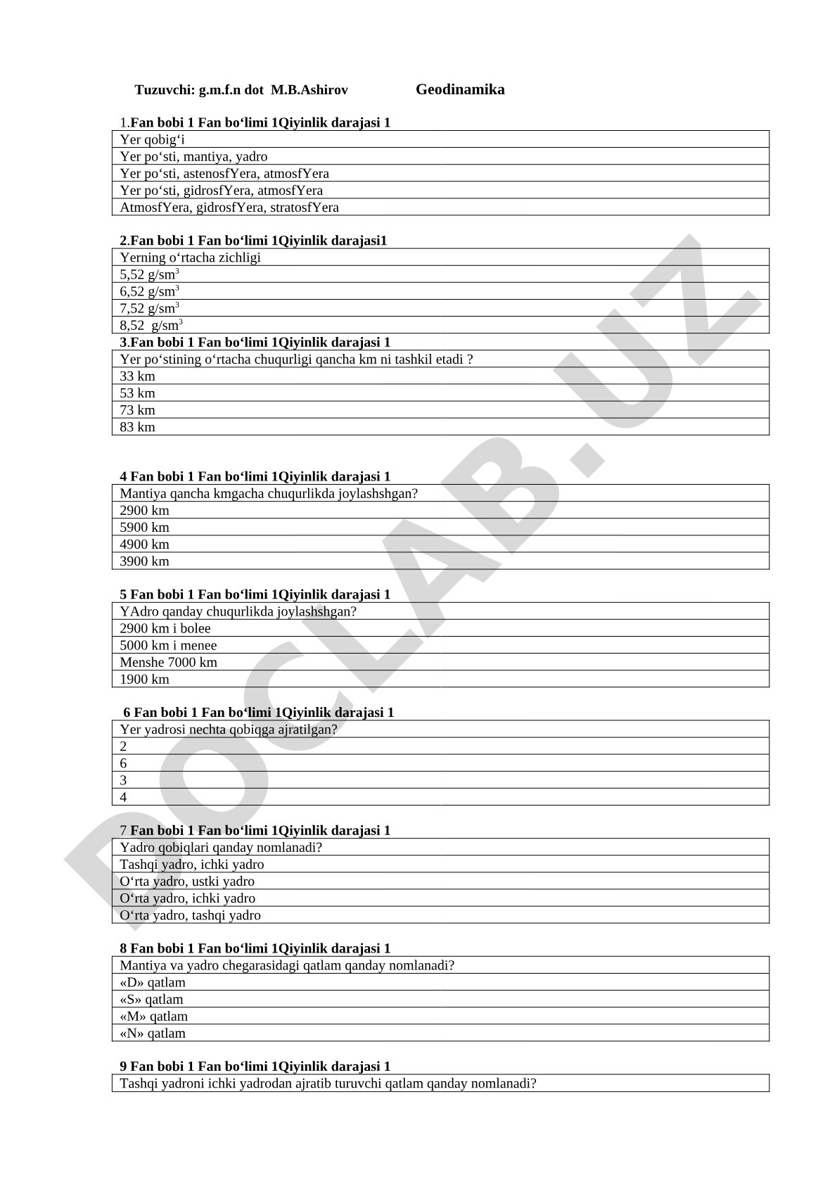 Geodinamika fanidan test savollari