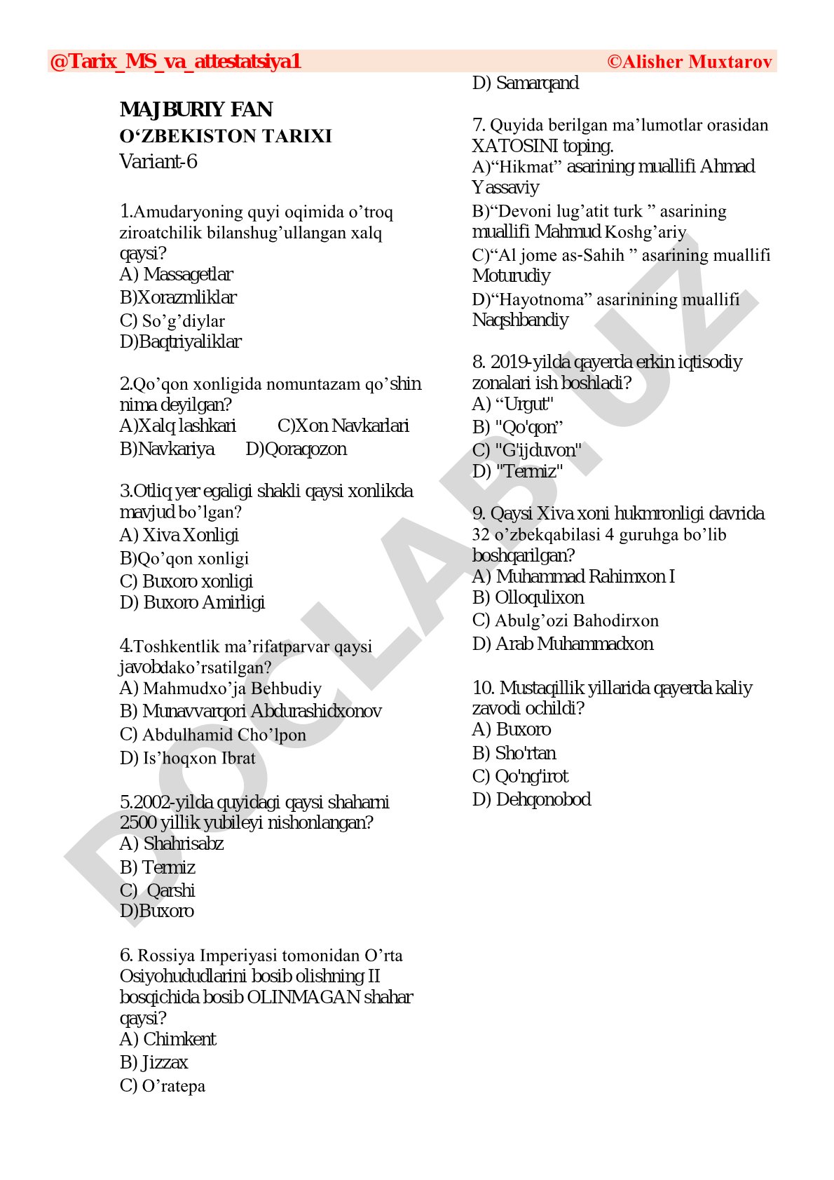 O‘zbekiston tarixi bo‘yicha test savollari