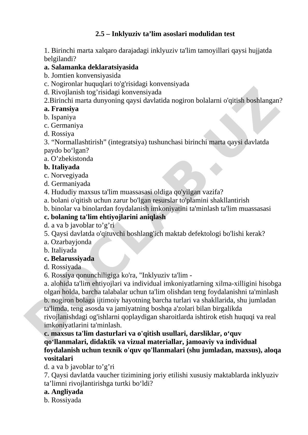 Inklyuziv ta'lim asoslari modulidan test