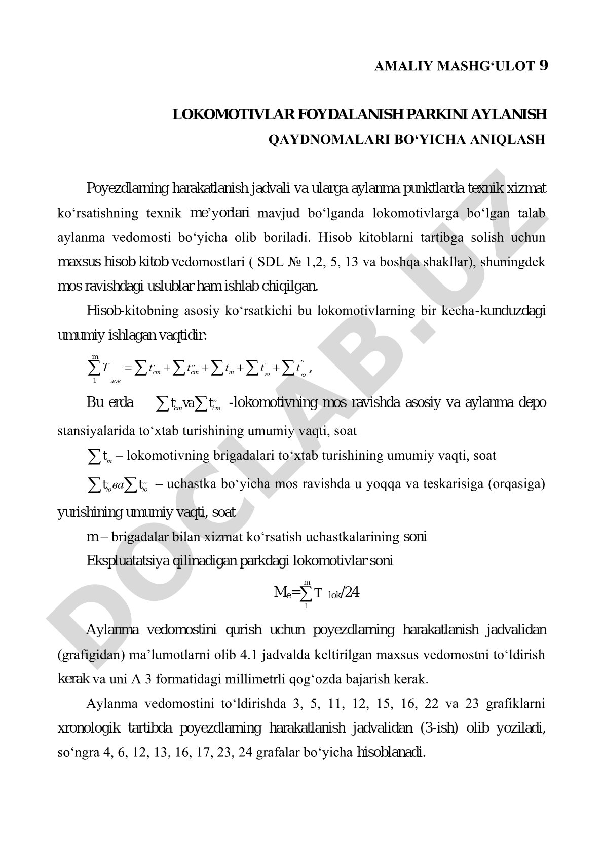 Amaliy mashg‘ulot 9 lokomotivlar foydalanish parkini aylanish qaydnomalari bo‘yicha aniqlash