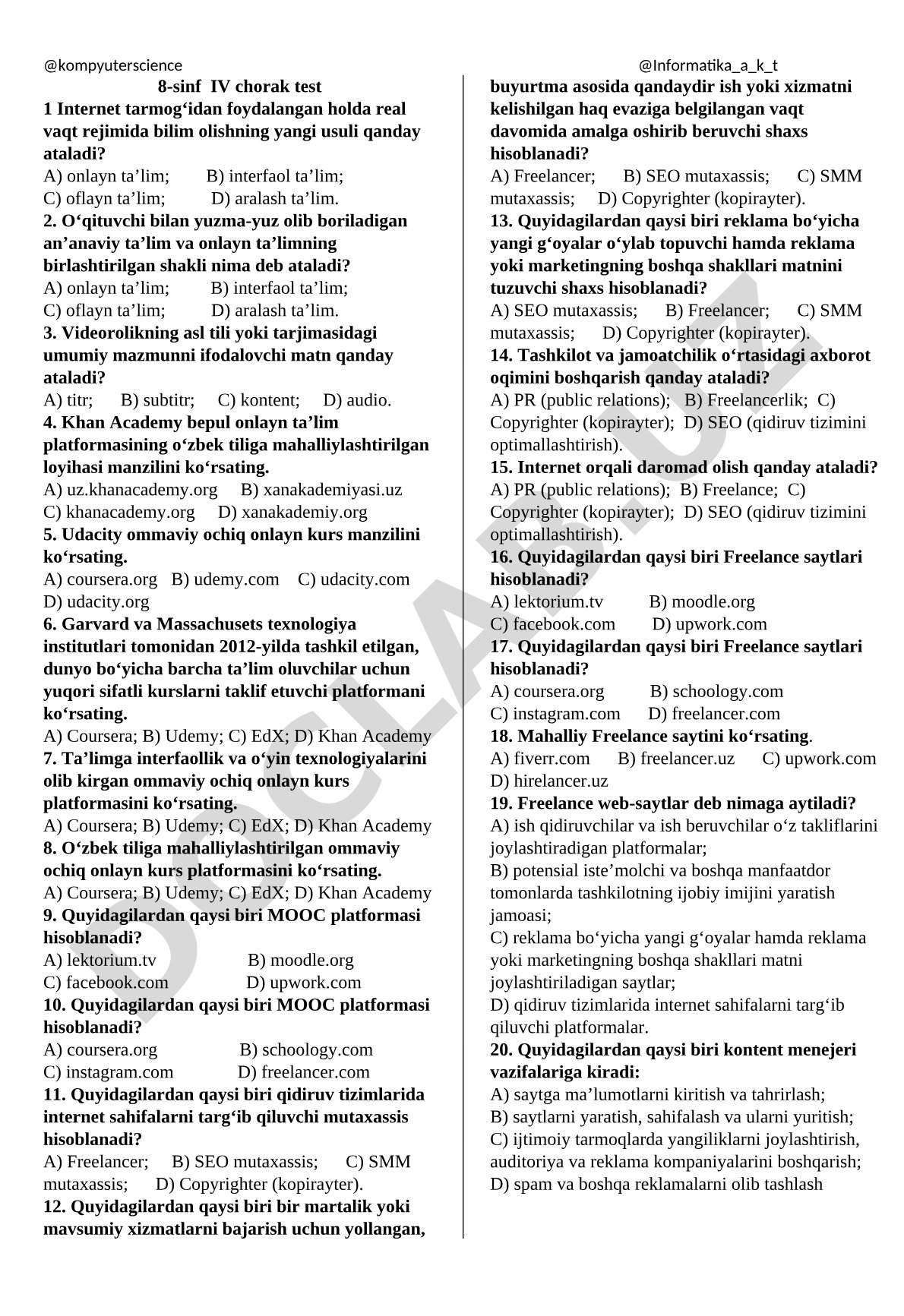 8-sinf IV chorak test 1