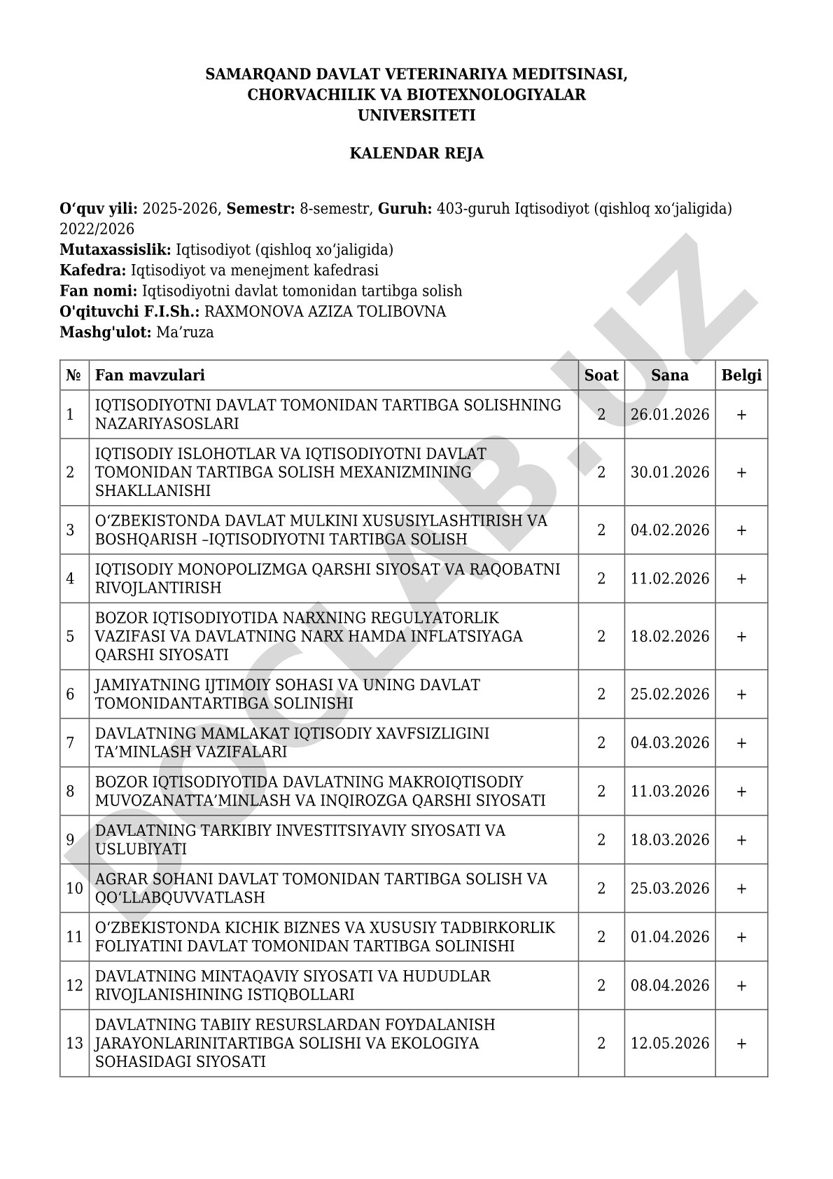 Iqtisodiyotni davlat tomonidan tartibga solish fanidan kalendar reja