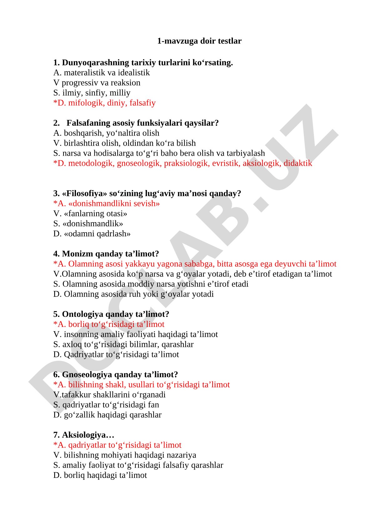 Falsafadan 1-mavzu bo'yicha testlar