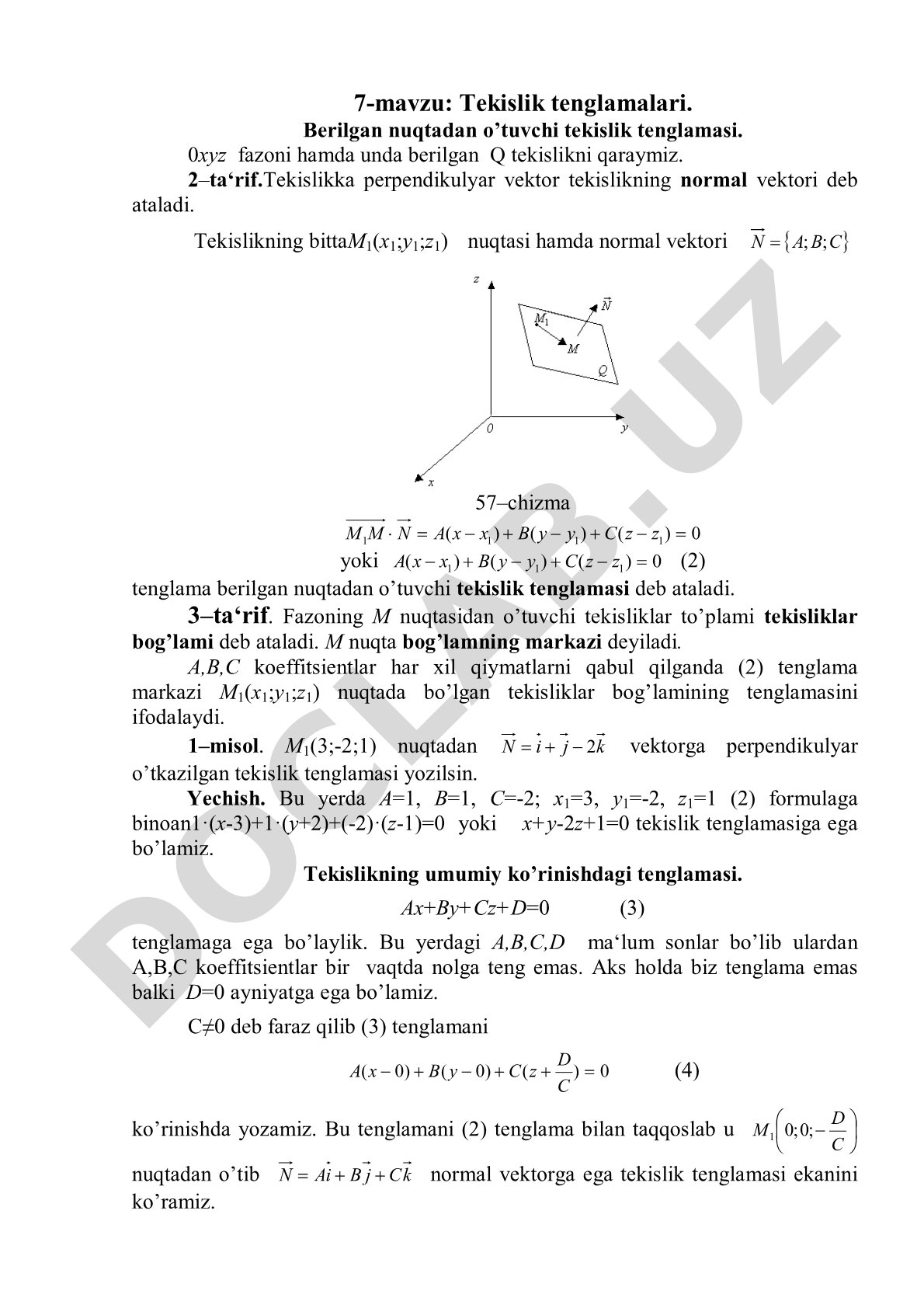 Tekislik tenglamalari. Berilgan nuqtadan o'tuvchi tekislik tenglamasi.