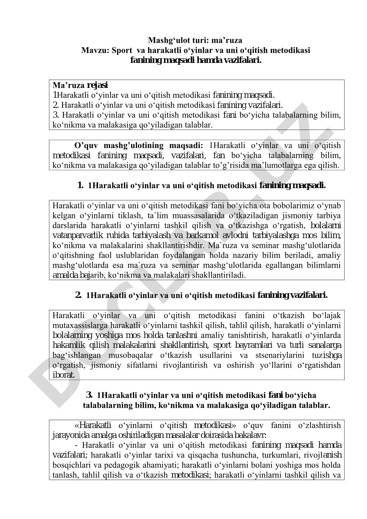 Sport va harakatli o‘yinlar va uni o‘qitish metodikasi fanining maqsadi hamda vazifalari