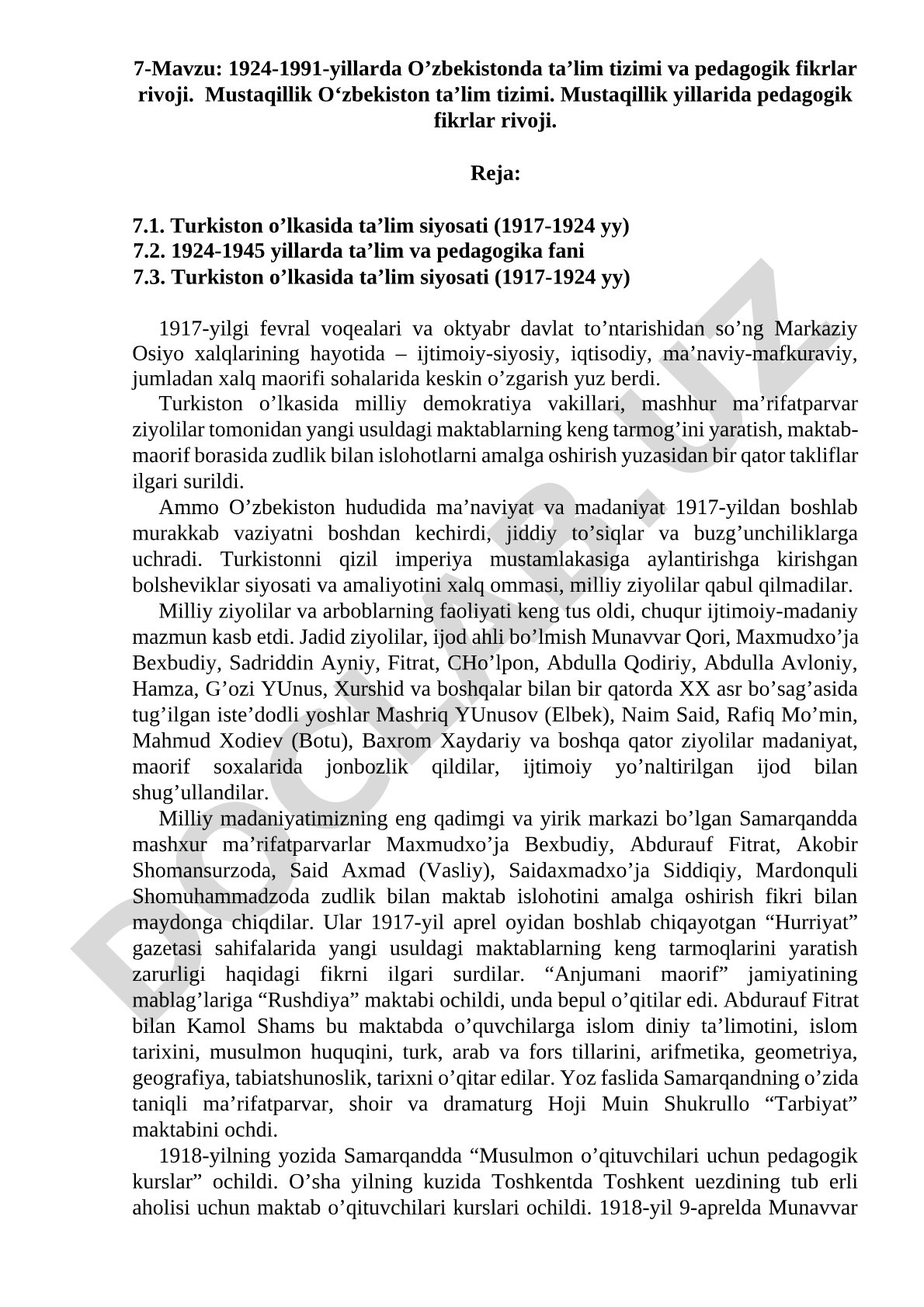 1924-1991-yillarda O’zbekistonda ta’lim tizimi va pedagogik fikrlar rivoji
