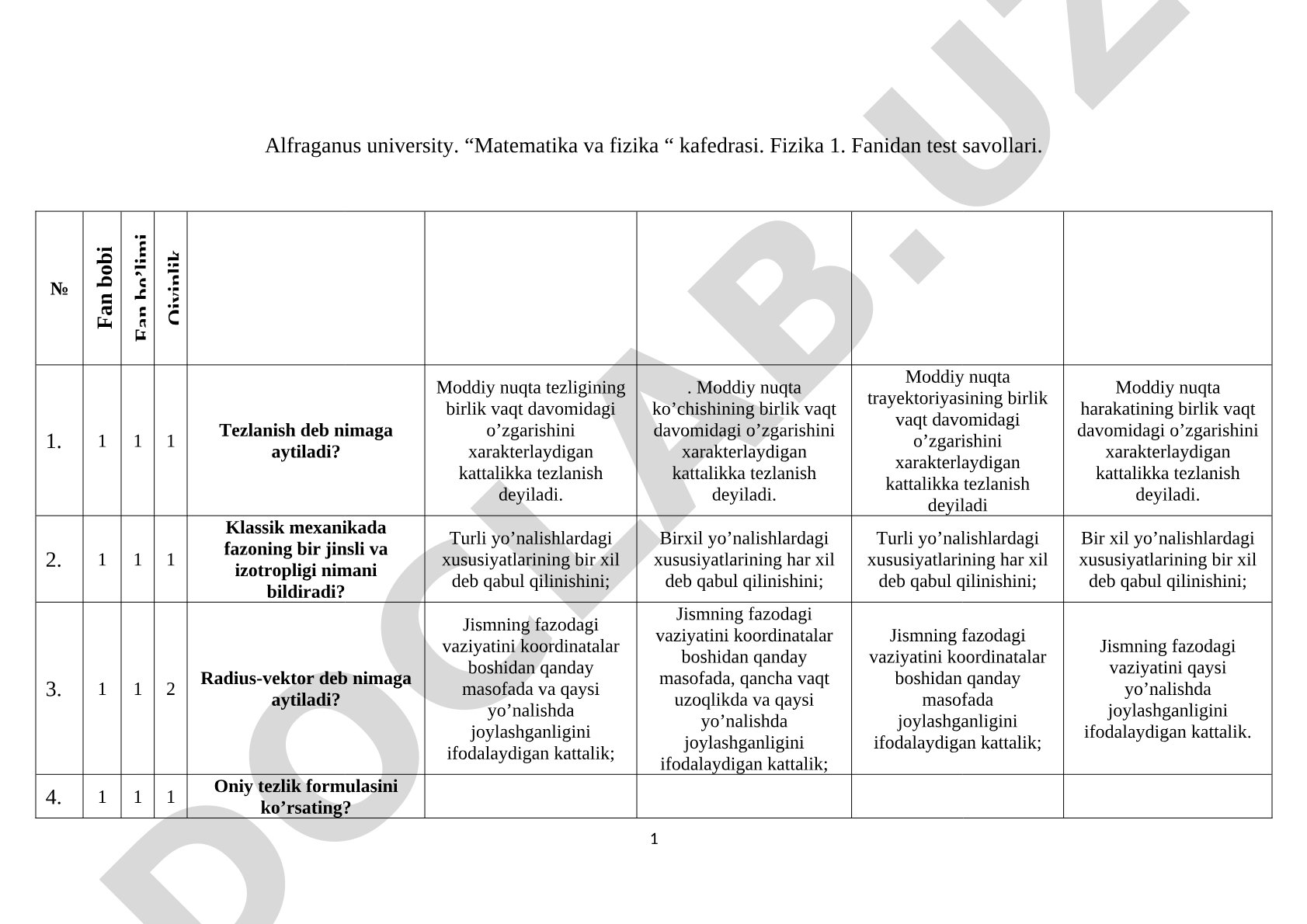 Fizika 1 fanidan test savollari