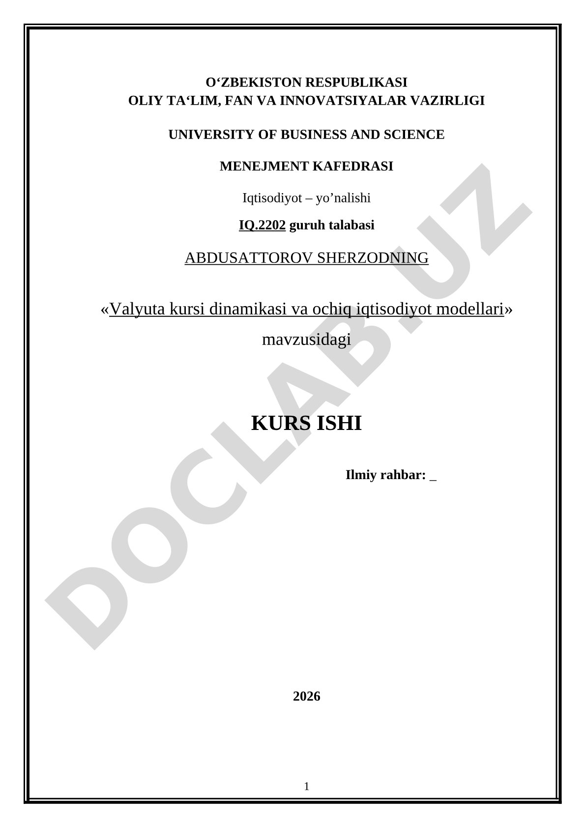 Valyuta kursi dinamikasi va ochiq iqtisodiyot modellari