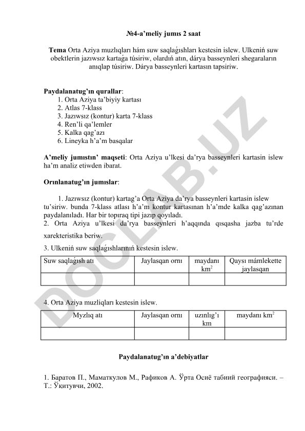 Orta Aziya muzlıqları hám suw saqlaǵıshları kestesin islew