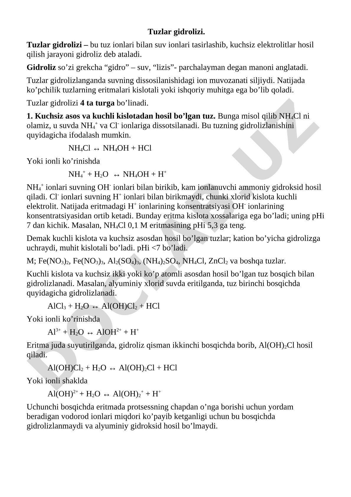 Tuzlar gidrolizi tushunchasi, turlari va misollar bilan izohlangan