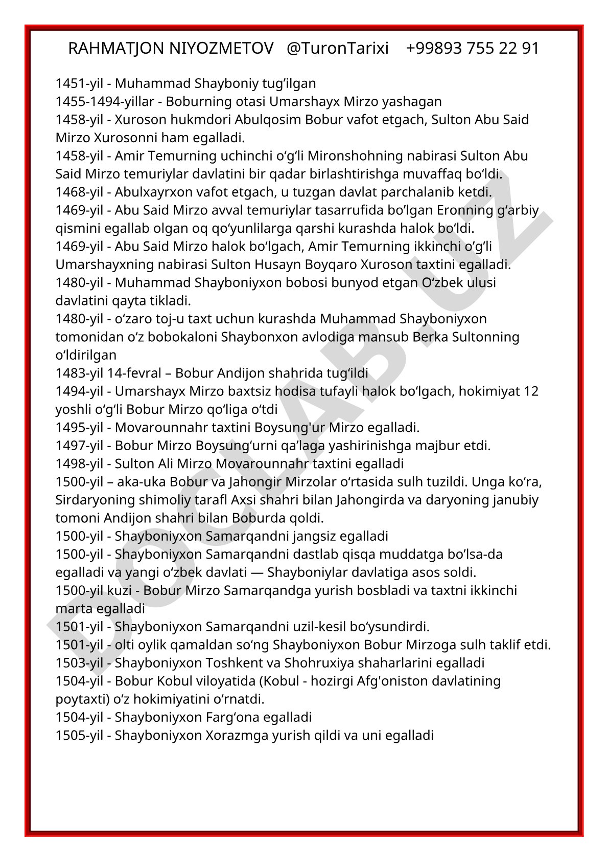 Temuriylar va Shayboniylar davri tarixiy sanalari