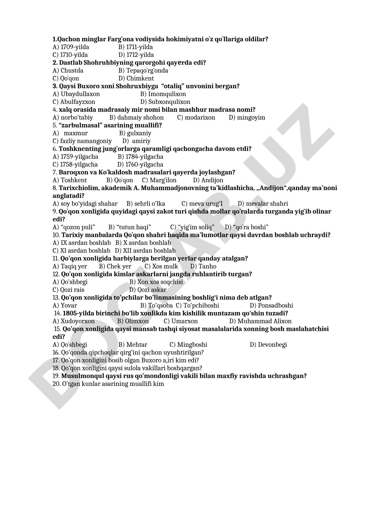 Qo'qon xonligi tarixi bo'yicha test savollari