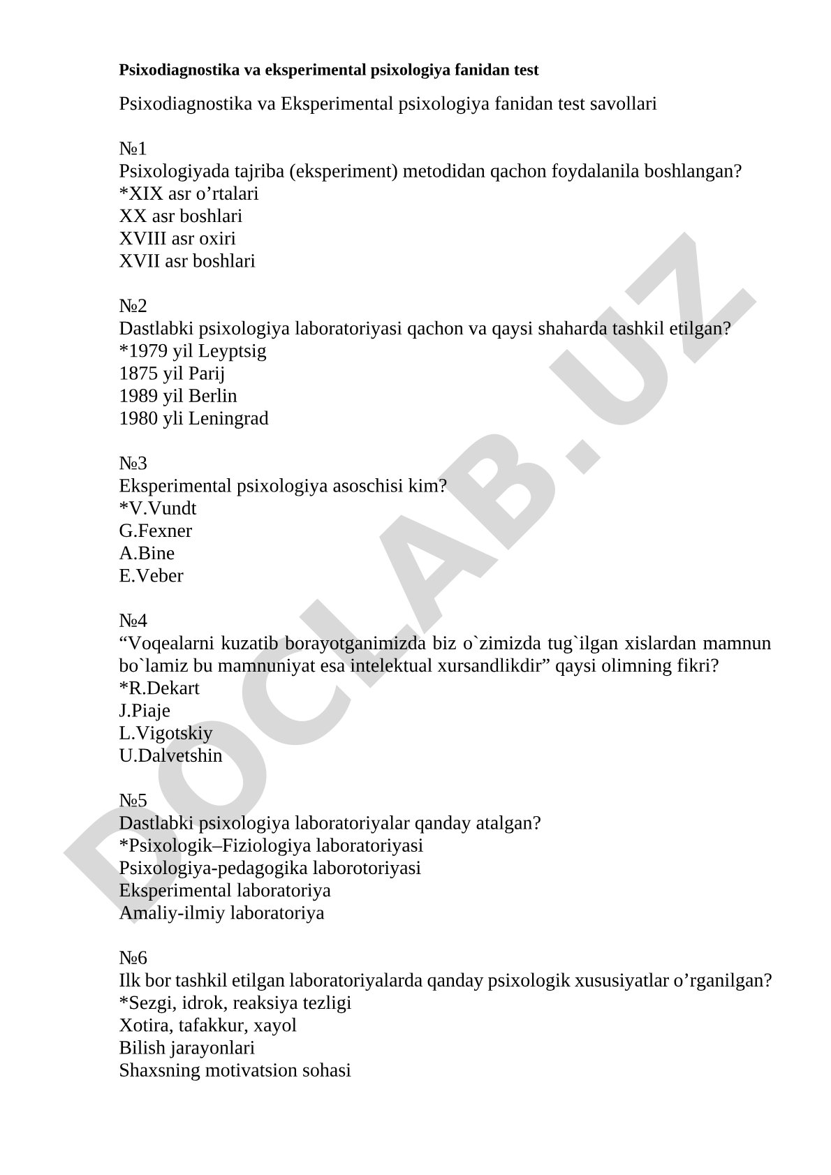 Psixodiagnostika va eksperimental psixologiya fanidan test savollari