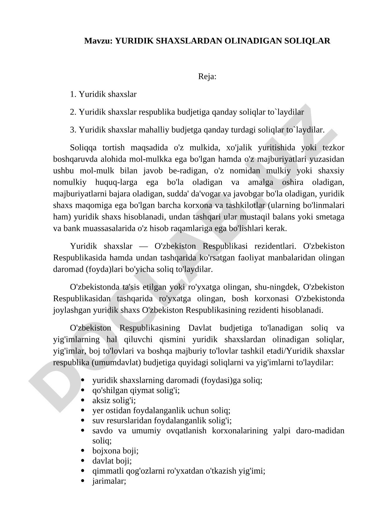 YURIDIK SHAXSLARDAN OLINADIGAN SOLIQLAR
